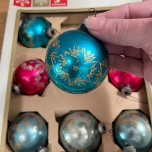 Vintage Geo Franke Glass Christmas Ornaments MultiColor w Glitter Stars Set of 9